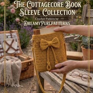 May include: Mustard yellow crochet book sleeve with a bow detail, held by a person. The text on the image reads "The Cottagecore Book Sleeve Collection" and "DreamyPurlPatterns". A picnic basket and glasses are in the background. Skill level: Easy.