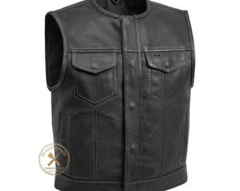 Echt rundleer motorbikervest heren, handgemaakte zwarte riding club-stijl