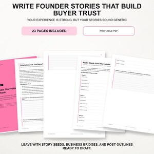 Op de afbeelding: Een digitaal Founder Storytelling Playbook in printbaar PDF-formaat, met 23 pagina's aan gestructureerde sjablonen. Het document bevat secties met de titels Orientation: Set The Story, Reality Check: Build The Founder en diverse schrijfopdrachten.