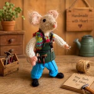 Könnte beinhalten: Eine handgefertigte Mäusefigur, die als Gärtner gekleidet ist und eine grüne Schürze, blaue Hose und einen bunten Pullover trägt. Die Maus hält ein kleines Werkzeug, mit einem Notizblock mit der Aufschrift "Tiny Tools Big Ideas". Ein Holzschild sagt "Handmade with Heart".