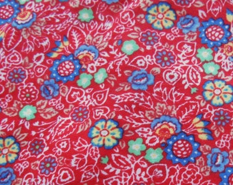 red floral print vintage cotton knit fabric  -- 65 wide by 1 1/2 yards