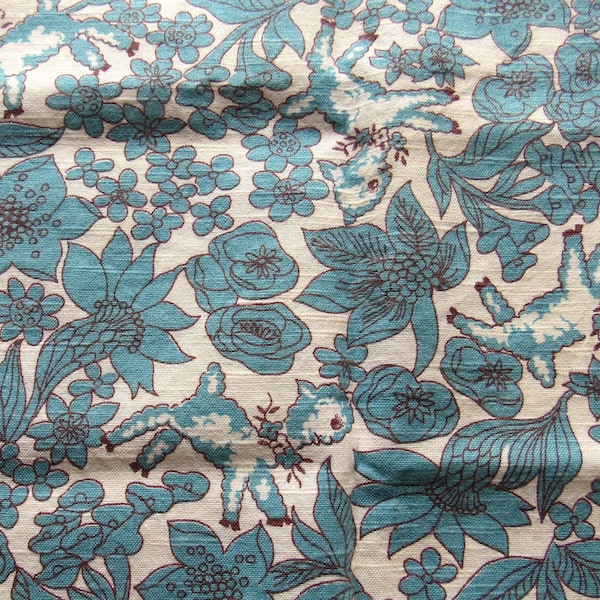 vintage flour sack fabric -- turquoise and dark brown lambs novelty print