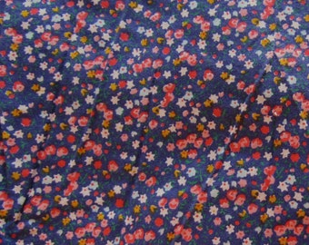 pink on blue floral print vintage cotton fabric -- 43 wide by 2 5/8 yards