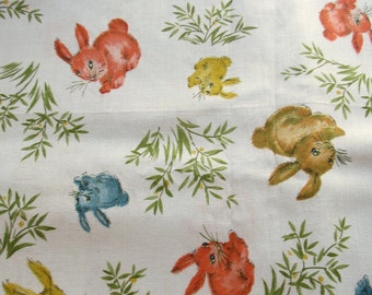 bunnies on blue ground novelty print vintage cotton blend fabric -- 45 wide by 3 yards