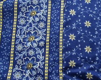 navy and yellow floral print vintage cotton fabric -- 45 wide by 3 yards