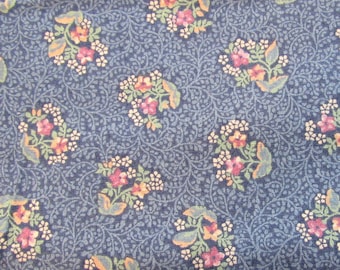 dusty rose and blue floral print vintage cotton fabric -- 44/45 wide by 1 yard