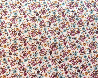 shades of tan and brown and blue floral print vintage cotton/poly fabric -- 44 wide by 3/4 yard