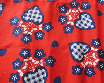 navy hearts on red floral print vintage cotton fabric -- 35 wide by 1 1/4 yards