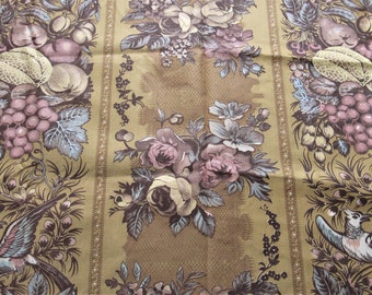 floral, fruit and bird print vintage cotton chintz fabric -- 36 wide by 1 3/8 yards