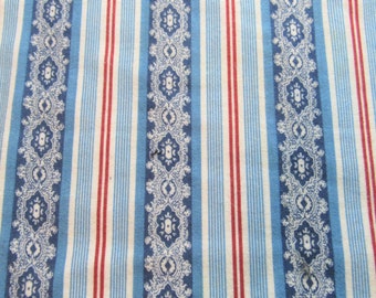 two pieces of navy, red and blue stripe print vintage cotton flannel fabric