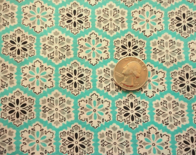 Gray and Turquoise Geometric Floral Print Vintage Cotton Blend Fabric ...
