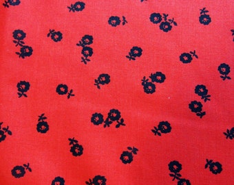 black flowers on bright red floral print vintage cotton blend fabric  -- 44/45 wide by 2 yards