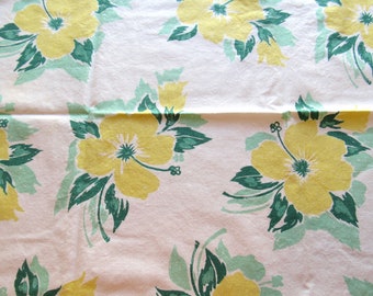 yellow and green floral print vintage FULL feedsack fabric/tablecloth