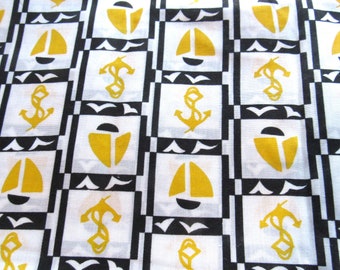 yellow and black nautical print vintage cotton blend fabric  -- 44/45 wide by 1 yard