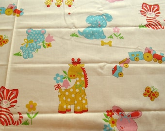 animals on light yellow novelty print vintage cotton/poly fabric -- 45 wide by 1 5/8 yard