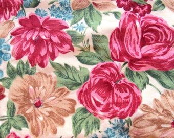 vibrant flowers on a cream ground vintage cotton corduroy fabric -- 55 wide by 59 long