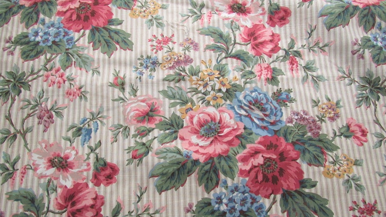 floral bouquets on ticking stripe print vintage cotton home decor fabric 58 wide by the yard image 4