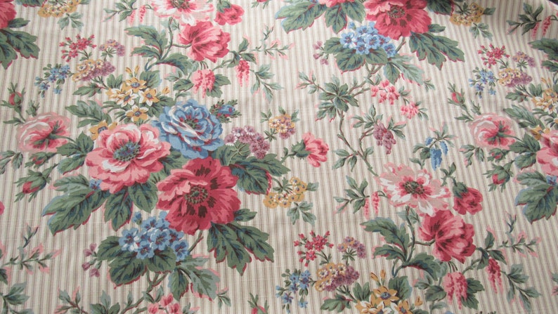 floral bouquets on ticking stripe print vintage cotton home decor fabric 58 wide by the yard image 2