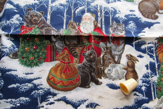 santa in the forest cotton christmas fabric piece etsy christmas in the forest