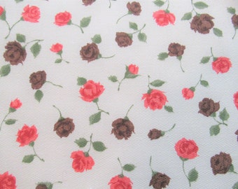 pink and brown roses on very light gray vintage cotton fabric -- 36 wide by 2 3/4 yards