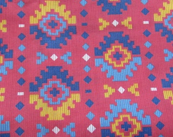 navy, blue and yellow on red southwest print vintage cotton blend fabric -- 37 wide by the yard
