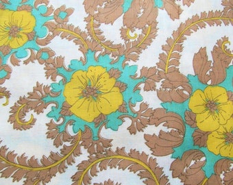 turquoise, tan and yellow floral print vintage cotton fabric -- 33 wide by 7/8 yard