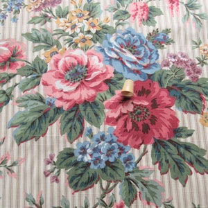 floral bouquets on ticking stripe print vintage cotton home decor fabric 58 wide by the yard image 1