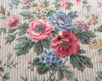 floral bouquets on ticking stripe print vintage cotton home decor fabric -- 58 wide by the yard