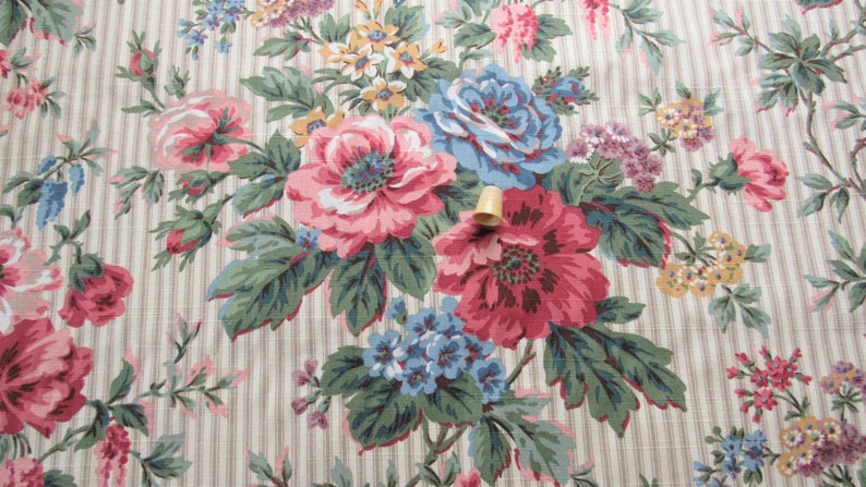 floral bouquets on ticking stripe print vintage cotton home decor fabric 58 wide by the yard image 1