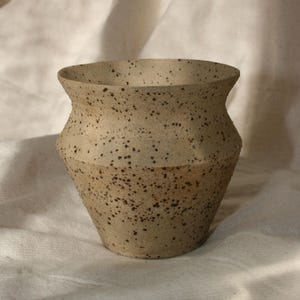 May include: A speckled, beige ceramic vase with a wide, flared rim and a slightly textured surface. The vase has a rounded body and a darker band around the middle. The overall design is simple and rustic.