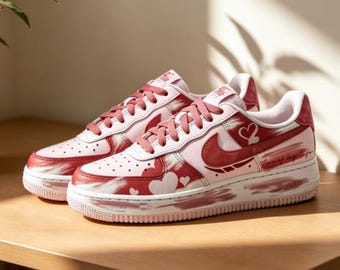 Zapatillas AF1 Low personalizadas pintadas a mano, zapatos de amor con corazones rojos y rosas, zapatillas románticas únicas hechas a mano.