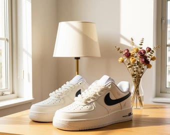 Zapatillas AF1 Low personalizadas pintadas a mano, zapatos minimalistas de cordones negros y color blanco roto, zapatillas únicas hechas a mano.