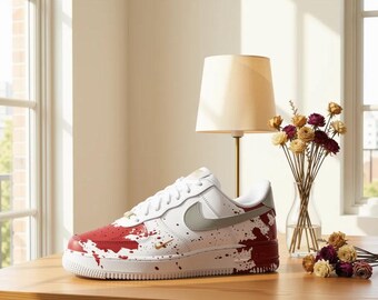 Zapatillas personalizadas pintadas a mano, con salpicaduras de pintura blanca y roja, estilo oriental vintage, zapatillas únicas hechas a mano.