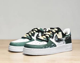 Zapatillas AF1 Low personalizadas pintadas a mano, estilo retro graffiti verde oscuro, calzado único hecho a mano.