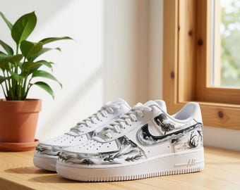 Hand-Painted Custom AF1 Low Sneakers, White Black Chinese Ink Landscape Shoes, Handmade Unique Sneakers
