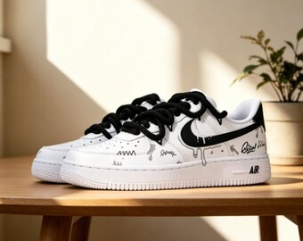 Zapatillas AF1 Low personalizadas pintadas a mano, zapatillas blancas y negras con estampado de grafiti, zapatillas urbanas únicas hechas a mano.