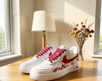 Zapatillas AF1 Low personalizadas pintadas a mano, zapatillas blancas con diseño de dragón rojo y nubes, zapatillas únicas hechas a mano.