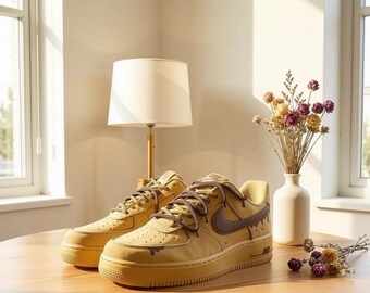 Zapatillas AF1 Low personalizadas pintadas a mano, estilo urbano con estampado de chocolate y color amarillo mostaza, zapatillas únicas hechas a mano.