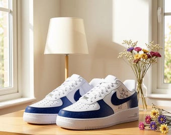 Zapatillas AF1 Low personalizadas pintadas a mano, zapatos de porcelana oriental de bambú blanco y azul, zapatillas únicas hechas a mano.