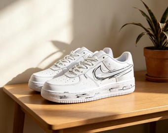 Zapatillas AF1 Low personalizadas pintadas a mano, zapatos con diseño de boceto en blanco y negro, zapatillas artísticas únicas hechas a mano.