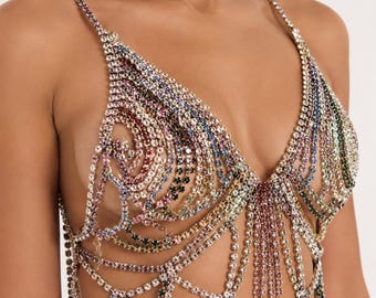 Silverfärgad strassbikiniöverdel för kvinnor, kristallkedja i bralett, festivalfestoutfit