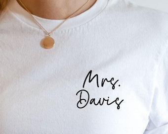 Personalized Mrs. Shirt, Minimalist Bridal Shower Gift, Custom Wedding Bride Tee