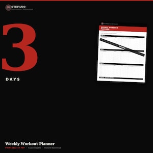 May include: A black and red weekly workout planner document with a large red number 3 and the text 3 DAYS. The planner features sections for Day 1, Day 2, and Day 3 with columns for exercises, sets, reps, and notes, marked with a diagonal PREVIEW banner.