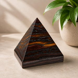 May include: A pyramid-shaped decorative object crafted from polished stone featuring horizontal bands of deep brown, black, and amber colors. The surface displays a natural, layered mineral grain pattern with a smooth, reflective finish on all sides.