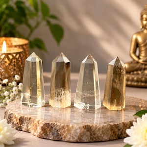 Puede incluir: Cuatro puntas de cristal de citrino pulidas dispuestas en fila. Cada cristal presenta una base hexagonal y una parte superior facetada en punta, mostrando tonos amarillo dorado translúcidos con inclusiones naturales y superficies claras.