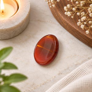 Könnte beinhalten: Ein glatter, polierter, oval geformter Karneol-Edelstein mit einem tiefen rot-orangen Farbton und subtilen, durchscheinenden Bänderungen. Der Stein hat eine glänzende, reflektierende Oberfläche, die das Licht einfängt und Tiefe zeigt.