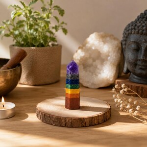 Peut inclure: Une tour en cristal multicolore composée de sept bandes horizontales superposées de pierres dans des tons violet, gris, bleu, vert, jaune, orange et rouge, posée sur une tranche de bois circulaire avec un bord en écorce naturelle.