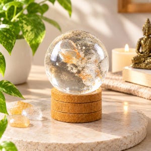 Klar kvartskula med citrininneslutning, 6 cm naturlig kristallkula, 393 g polerad kvartskula, Reiki-meditationskristalldekor