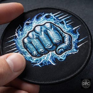 May include: A circular black embroidered patch featuring a clenched fist surrounded by a vibrant blue energy aura with white lightning-like streaks radiating outward. The design is stitched with detailed blue and white thread on a black fabric base.