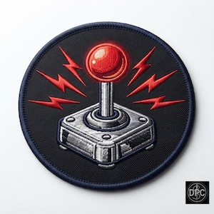 Vintage arkadjoystick-märke, röd kromad retrospelbroderad märke (strykbart)